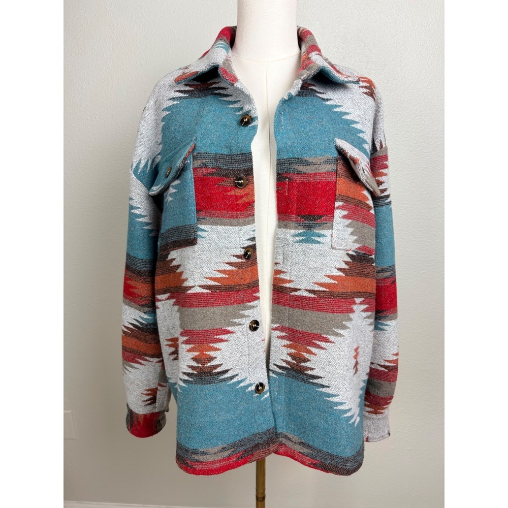 Southwestern Aztec Shacket Ranchwear Cozy Coastal Cowgirl Blanket Jacket Large